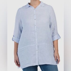 Tahari Essentials Tunic Blouse Top 100% Linen Chambray Blue Sz 2X XXL